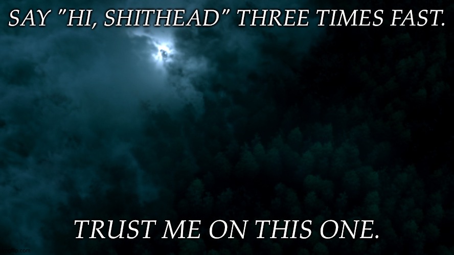 Trust Me, Try It | SAY "HI, SHITHEAD" THREE TIMES FAST. TRUST ME ON THIS ONE. | image tagged in spn dark world,this is gonna be funny,dumb shit i come up with,lmao,hi shithead | made w/ Imgflip meme maker