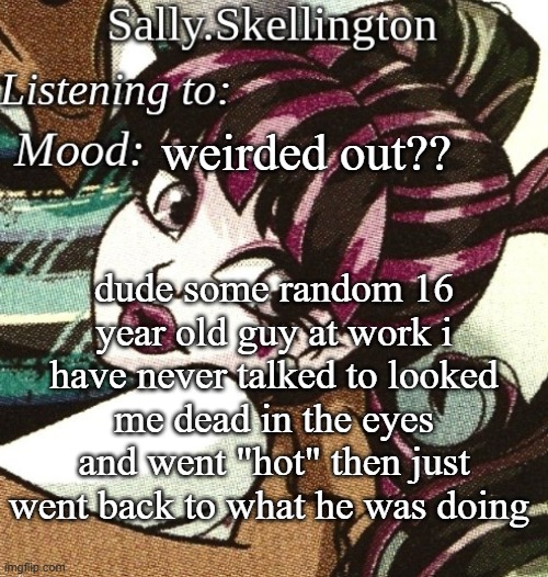 sally's temp | weirded out?? dude some random 16 year old guy at work i have never talked to looked me dead in the eyes and went "hot" then just went back to what he was doing | image tagged in sally's temp | made w/ Imgflip meme maker