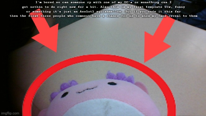 Axolotl Circle | I'm bored so can someone rp with one of my OC's or something cuz I got nothin to do right now for a bit. Also this is my first template btw, funny or something it's just an Axolotl squishmallow. But if you made it this far then the first three people who comment have a chance for me to show my face reveal to them | image tagged in axolotl circle | made w/ Imgflip meme maker