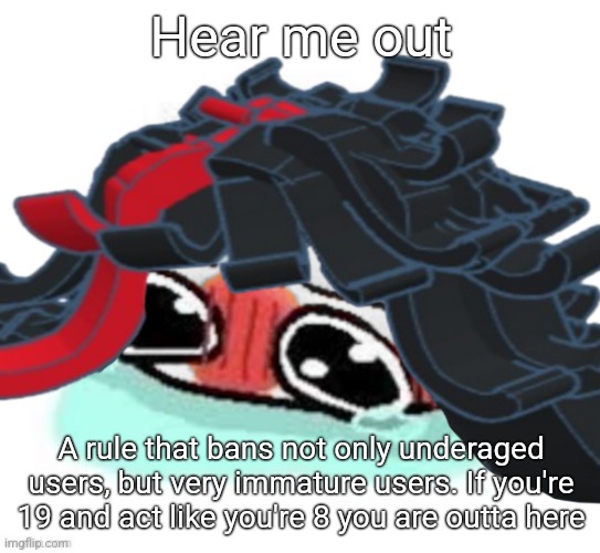 Amb shamb bbbmba | Hear me out; A rule that bans not only underaged users, but very immature users. If you're 19 and act like you're 8 you are outta here | image tagged in amb shamb bbbmba | made w/ Imgflip meme maker