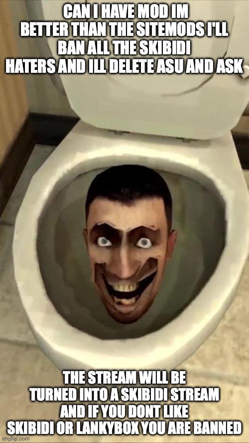 Skibidi toilet | CAN I HAVE MOD IM BETTER THAN THE SITEMODS I'LL BAN ALL THE SKIBIDI HATERS AND ILL DELETE ASU AND ASK; THE STREAM WILL BE TURNED INTO A SKIBIDI STREAM AND IF YOU DONT LIKE SKIBIDI OR LANKYBOX YOU ARE BANNED | image tagged in skibidi toilet | made w/ Imgflip meme maker