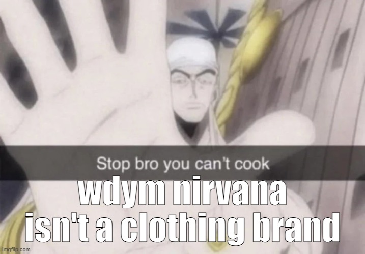 Stop bro you can't cook | wdym nirvana isn't a clothing brand | image tagged in stop bro you can't cook | made w/ Imgflip meme maker