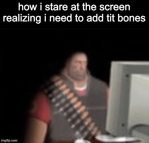 guess the dragon rig is getting tiddy bones | how i stare at the screen realizing i need to add tit bones | image tagged in sad heavy computer | made w/ Imgflip meme maker