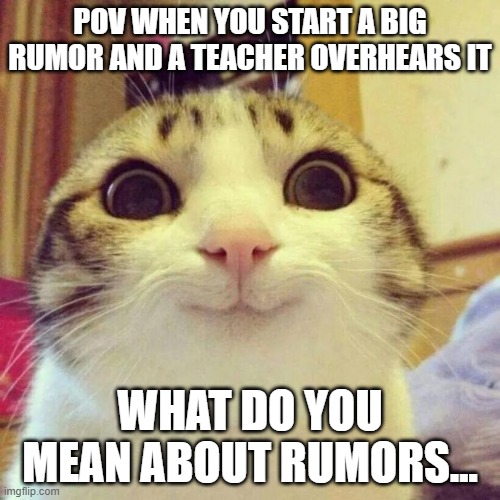 Spreading rumors | POV WHEN YOU START A BIG RUMOR AND A TEACHER OVERHEARS IT; WHAT DO YOU MEAN ABOUT RUMORS... | image tagged in memes,smiling cat | made w/ Imgflip meme maker