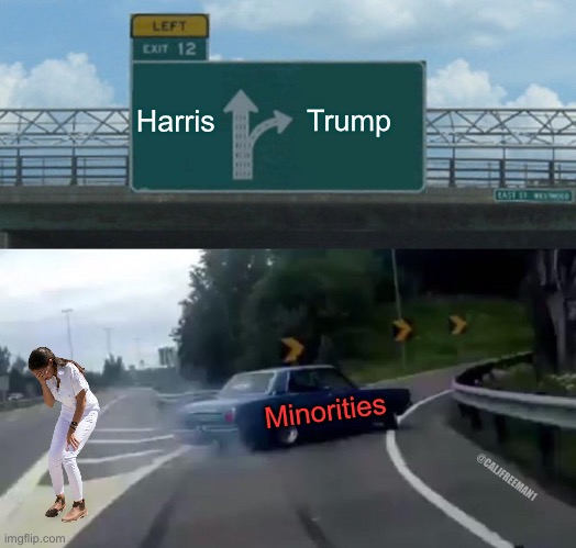 Left Exit 12 Off Ramp Meme | Harris; Trump; Minorities; @CALJFREEMAN1 | image tagged in memes,left exit 12 off ramp,maga,crazy aoc,leftists,minorities | made w/ Imgflip meme maker