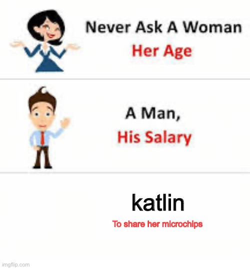 Never ask a woman her age | katlin; To share her microchips | image tagged in never ask a woman her age | made w/ Imgflip meme maker