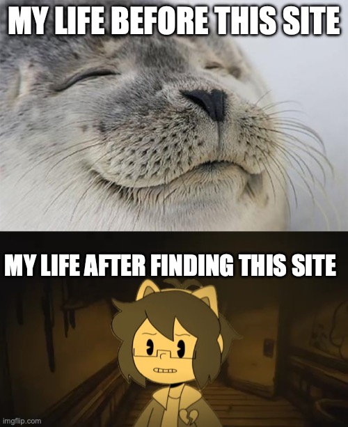 MY LIFE BEFORE THIS SITE; MY LIFE AFTER FINDING THIS SITE | image tagged in memes,satisfied seal,kel in batim | made w/ Imgflip meme maker