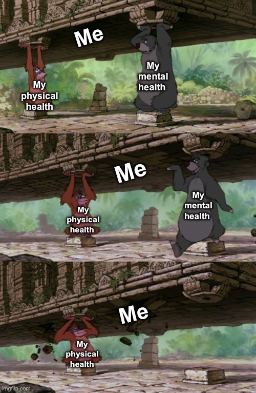 My stability isn’t stable | Me; My mental health; My physical health; Me; My physical health; My mental health; Me; My physical health | image tagged in jungle book,disney,mental health,health | made w/ Imgflip meme maker