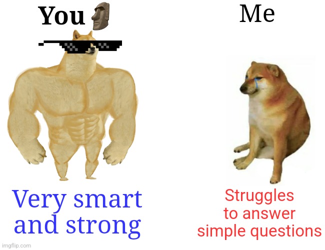 Youre the best | Me; You🗿; Struggles to answer simple questions; Very smart and strong | image tagged in memes,buff doge vs cheems,fun | made w/ Imgflip meme maker