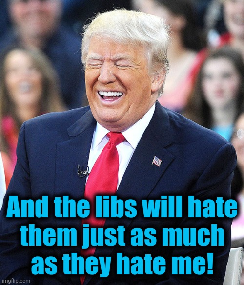 trump laughing | And the libs will hate
them just as much
as they hate me! | image tagged in trump laughing | made w/ Imgflip meme maker