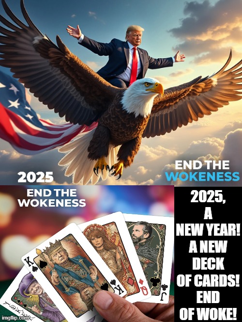 2025!  A New Era!! End of Woke!! | 2025, A NEW YEAR! A NEW DECK OF CARDS! END OF WOKE! | image tagged in new year,woke,donald trump approves | made w/ Imgflip meme maker