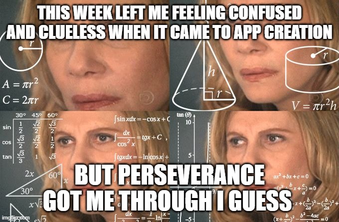 Calculating meme | THIS WEEK LEFT ME FEELING CONFUSED AND CLUELESS WHEN IT CAME TO APP CREATION; BUT PERSEVERANCE GOT ME THROUGH I GUESS | image tagged in calculating meme | made w/ Imgflip meme maker