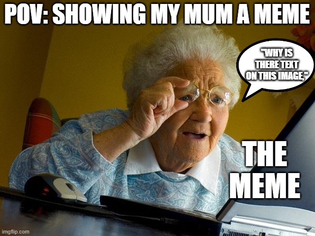 WHY EVEN SHOW HER THE MEME | POV: SHOWING MY MUM A MEME; "WHY IS THERE TEXT ON THIS IMAGE,"; THE MEME | image tagged in memes,grandma finds the internet,funny | made w/ Imgflip meme maker