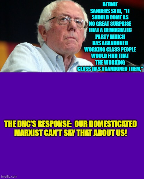 Yeah . . . Bernie said that and that response was the gist of the DNC's reply. | BERNIE SANDERS SAID,  “IT SHOULD COME AS NO GREAT SURPRISE THAT A DEMOCRATIC PARTY WHICH HAS ABANDONED WORKING CLASS PEOPLE WOULD FIND THAT THE WORKING CLASS HAS ABANDONED THEM,”; THE DNC'S RESPONSE:  OUR DOMESTICATED MARXIST CAN'T SAY THAT ABOUT US! | image tagged in yep | made w/ Imgflip meme maker