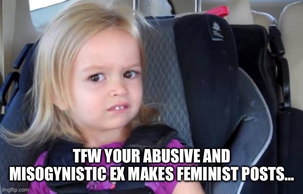 Side Eyeing Chloe | TFW YOUR ABUSIVE AND MISOGYNISTIC EX MAKES FEMINIST POSTS… | image tagged in side eyeing chloe | made w/ Imgflip meme maker