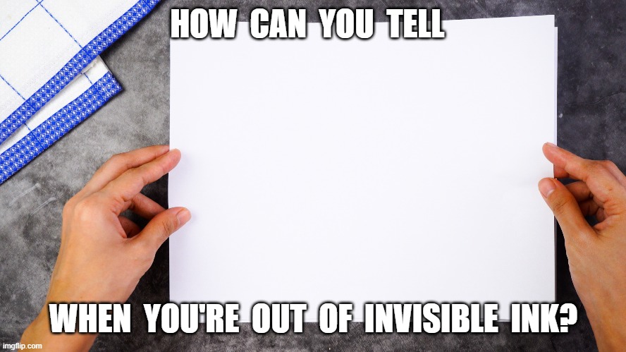 ? | HOW  CAN  YOU  TELL; WHEN  YOU'RE  OUT  OF  INVISIBLE  INK? | image tagged in invisible | made w/ Imgflip meme maker