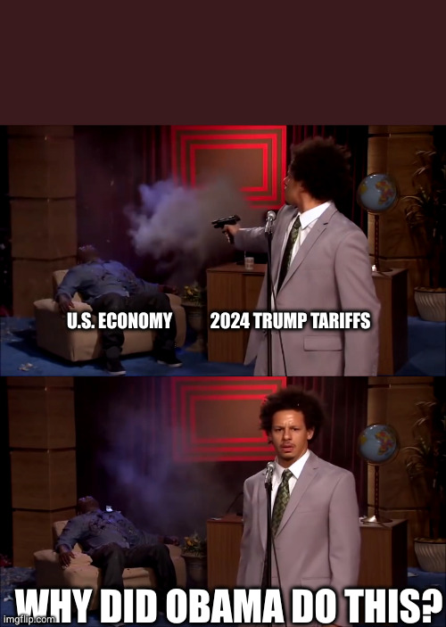 Eric Andre shooter | U.S. ECONOMY           2024 TRUMP TARIFFS; WHY DID OBAMA DO THIS? | image tagged in eric andre shooter | made w/ Imgflip meme maker