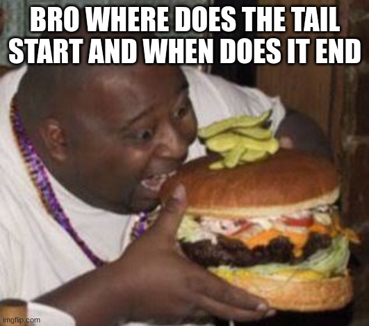 weird-fat-man-eating-burger | BRO WHERE DOES THE TAIL START AND WHEN DOES IT END | image tagged in weird-fat-man-eating-burger | made w/ Imgflip meme maker