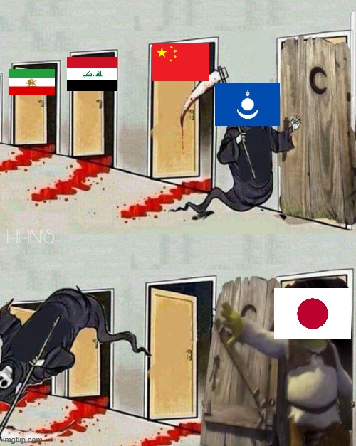 Death knocking on Shrek's Door | image tagged in death knocking on shrek's door,iran,iraq,china,mongolia,japan | made w/ Imgflip meme maker