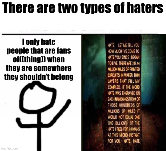 There are two types of haters; I only hate people that are fans of((thing)) when they are somewhere they shouldn’t belong | image tagged in memes,haters | made w/ Imgflip meme maker