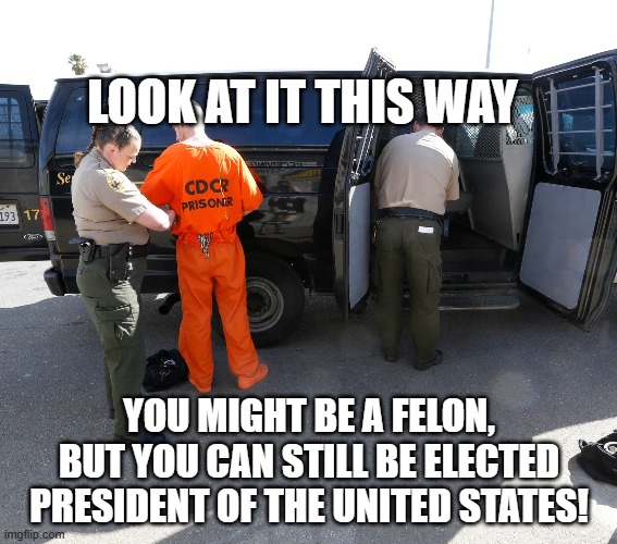 Bad news , good news | LOOK AT IT THIS WAY; YOU MIGHT BE A FELON, BUT YOU CAN STILL BE ELECTED PRESIDENT OF THE UNITED STATES! | image tagged in felon potus | made w/ Imgflip meme maker