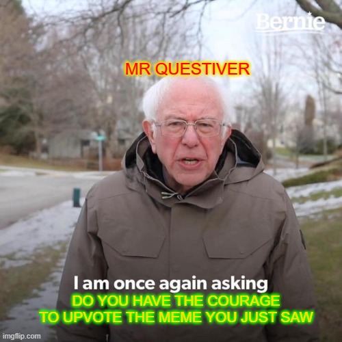 Bernie I Am Once Again Asking For Your Support Meme | MR QUESTIVER DO YOU HAVE THE COURAGE TO UPVOTE THE MEME YOU JUST SAW | image tagged in memes,bernie i am once again asking for your support | made w/ Imgflip meme maker