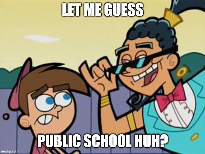 Let me guess, public school huh? | LET ME GUESS; PUBLIC SCHOOL HUH? | image tagged in let me guess public school huh | made w/ Imgflip meme maker