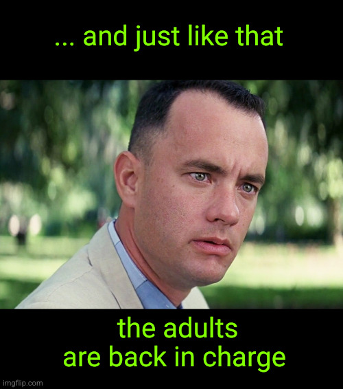 and just like that, the adults are back in charge | ... and just like that; the adults are back in charge | image tagged in memes,and just like that,election results,trump presidency | made w/ Imgflip meme maker