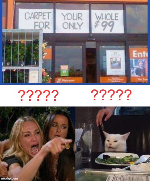 Say What? | ????? ????? | image tagged in memes,woman yelling at cat,stupid signs | made w/ Imgflip meme maker