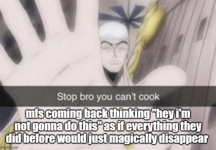 Stop bro you can't cook | mfs coming back thinking "hey i'm not gonna do this" as if everything they did before would just magically disappear | image tagged in stop bro you can't cook | made w/ Imgflip meme maker