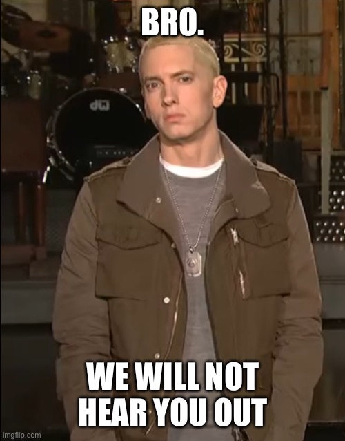 Eminem staring | BRO. WE WILL NOT HEAR YOU OUT | image tagged in eminem staring | made w/ Imgflip meme maker