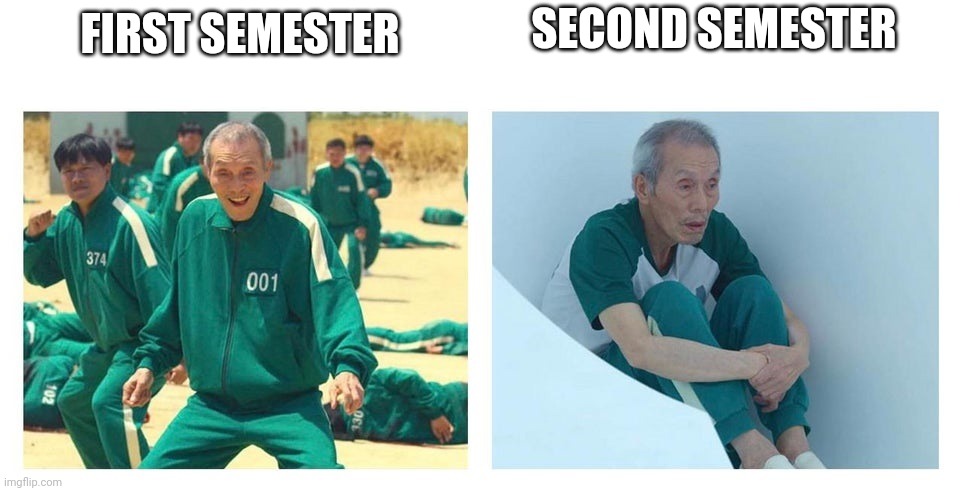 Lol | SECOND SEMESTER; FIRST SEMESTER | image tagged in squid game then and now | made w/ Imgflip meme maker