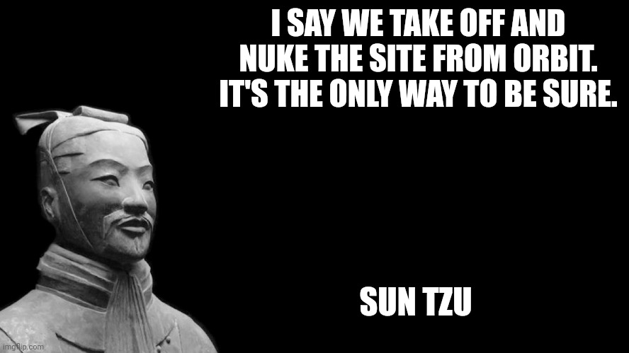 Sun Tzu | I SAY WE TAKE OFF AND NUKE THE SITE FROM ORBIT. IT'S THE ONLY WAY TO BE SURE. SUN TZU | image tagged in sun tzu | made w/ Imgflip meme maker