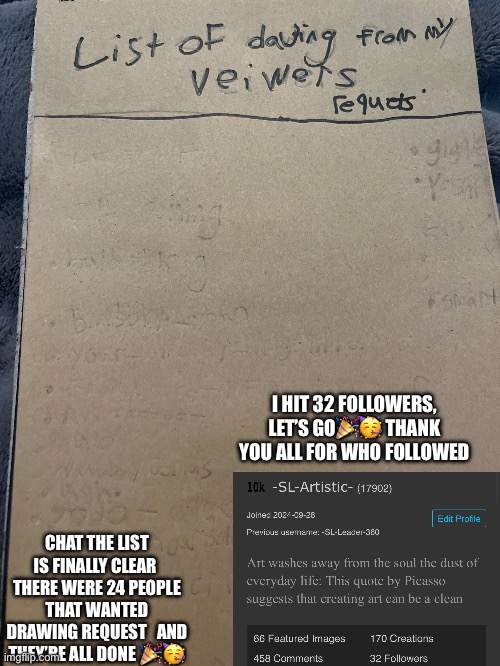 The list is finally clear | I HIT 32 FOLLOWERS, LET’S GO🎉🥳 THANK YOU ALL FOR WHO FOLLOWED; CHAT THE LIST IS FINALLY CLEAR  THERE WERE 24 PEOPLE THAT WANTED DRAWING REQUEST   AND THEY’RE ALL DONE 🎉🥳 | made w/ Imgflip meme maker