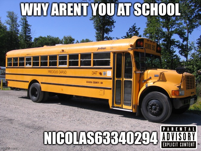 why arent you at school | WHY ARENT YOU AT SCHOOL; NICOLAS63340294 | image tagged in school bus | made w/ Imgflip meme maker