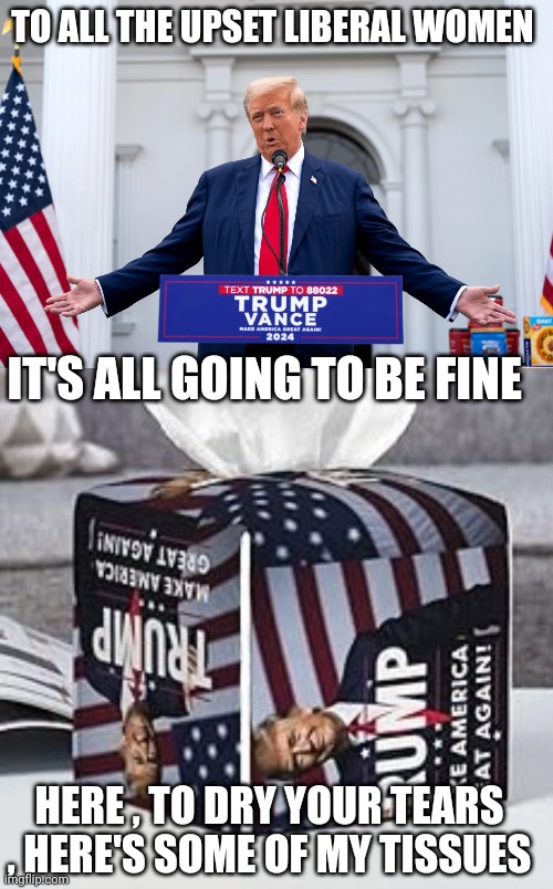 liberal memes | TO ALL THE UPSET LIBERAL WOMEN; IT'S ALL GOING TO BE FINE; HERE , TO DRY YOUR TEARS , HERE'S SOME OF MY TISSUES | image tagged in donald trump | made w/ Imgflip meme maker