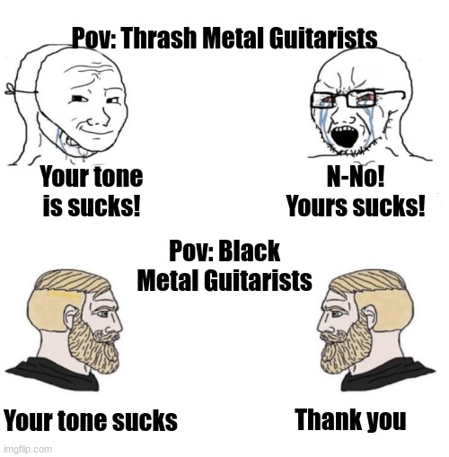 It's true though! | Pov: Thrash Metal Guitarists; Your tone is sucks! N-No! Yours sucks! Pov: Black Metal Guitarists; Thank you; Your tone sucks | image tagged in chad we know,heavy metal,guitars,funny | made w/ Imgflip meme maker