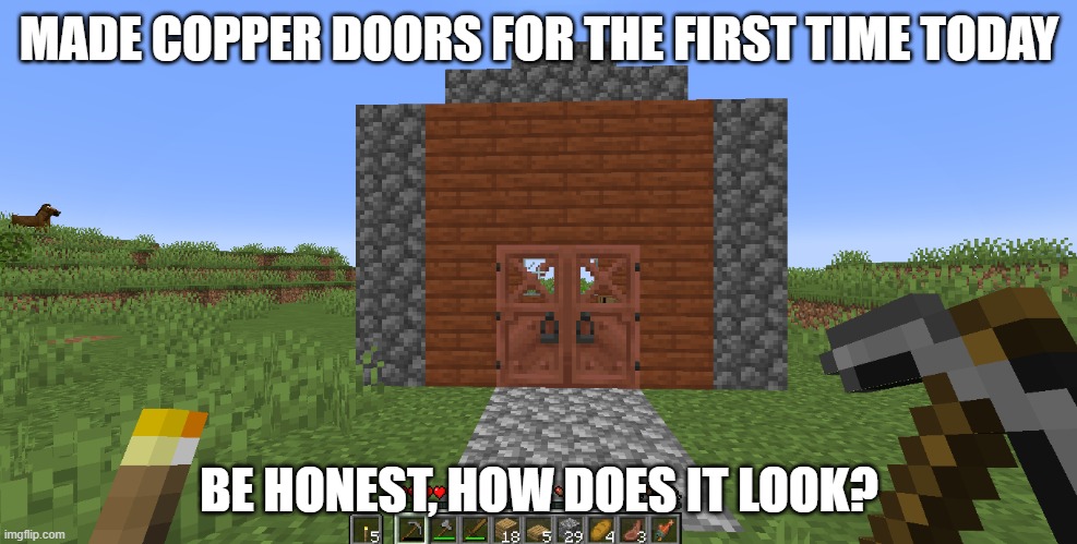 MADE COPPER DOORS FOR THE FIRST TIME TODAY; BE HONEST, HOW DOES IT LOOK? | image tagged in minecraft,house,doors | made w/ Imgflip meme maker