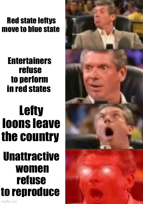 Making the US great again:) | Red state leftys move to blue state; Entertainers  refuse to perform in red states; Lefty loons leave the country; Unattractive  women refuse to reproduce | image tagged in mr mcmahon reaction,politics lol,memes | made w/ Imgflip meme maker