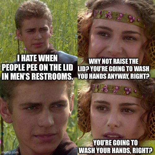 Anakin Padme 4 Panel | I HATE WHEN PEOPLE PEE ON THE LID IN MEN’S RESTROOMS. WHY NOT RAISE THE LID? YOU’RE GOING TO WASH YOU HANDS ANYWAY, RIGHT? YOU’RE GOING TO WASH YOUR HANDS, RIGHT? | image tagged in anakin padme 4 panel | made w/ Imgflip meme maker