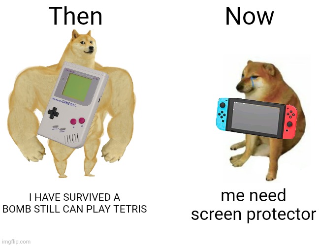 Buff Doge vs. Cheems | Then; Now; I HAVE SURVIVED A BOMB STILL CAN PLAY TETRIS; me need screen protector | image tagged in memes,buff doge vs cheems | made w/ Imgflip meme maker