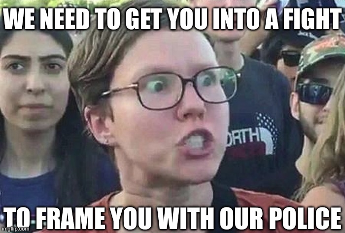 The Progressives Are Finally Going Out of Style | WE NEED TO GET YOU INTO A FIGHT; TO FRAME YOU WITH OUR POLICE | image tagged in triggered liberal,progressives,weaponized law enforcement | made w/ Imgflip meme maker