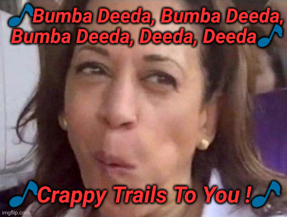 Might As Well Jump ! | 🎵Bumba Deeda, Bumba Deeda, Bumba Deeda, Deeda, Deeda🎵; 🎵Crappy Trails To You !🎵 | image tagged in kamala harris,political meme,politics,funny memes,funny | made w/ Imgflip meme maker