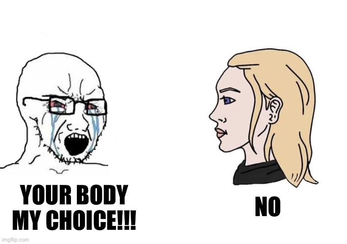 Chad male and female | NO; YOUR BODY MY CHOICE!!! | image tagged in chad male and female,virgin vs chad,memes,shitpost,funny memes,lol | made w/ Imgflip meme maker