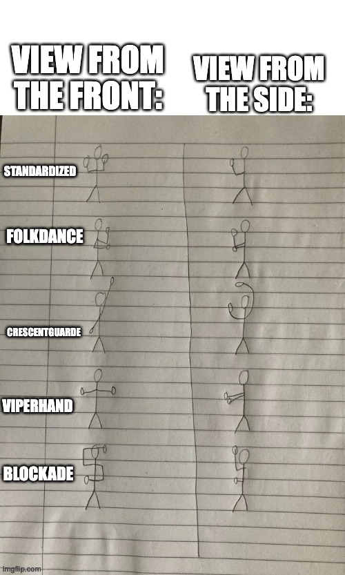 take your pick! | VIEW FROM THE SIDE:; VIEW FROM THE FRONT:; STANDARDIZED; FOLKDANCE; CRESCENTGUARDE; VIPERHAND; BLOCKADE | image tagged in oc fighting stances | made w/ Imgflip meme maker