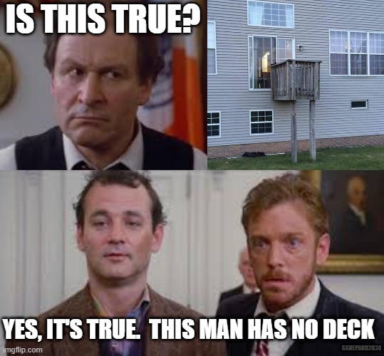 This man has no deck | IS THIS TRUE? YES, IT'S TRUE.  THIS MAN HAS NO DECK; SSHEPARD2024 | image tagged in ghostbusters,tiny deck,no deck,venkman,walter peck | made w/ Imgflip meme maker