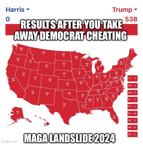 MAGA Landslide 2024 | RESULTS AFTER YOU TAKE AWAY DEMOCRAT CHEATING; MAGA LANDSLIDE 2024 | image tagged in 2024 landslide | made w/ Imgflip meme maker