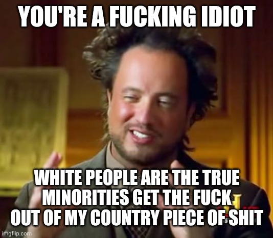 Ancient Aliens Meme | YOU'RE A FUCKING IDIOT WHITE PEOPLE ARE THE TRUE MINORITIES GET THE FUCK OUT OF MY COUNTRY PIECE OF SHIT | image tagged in memes,ancient aliens | made w/ Imgflip meme maker