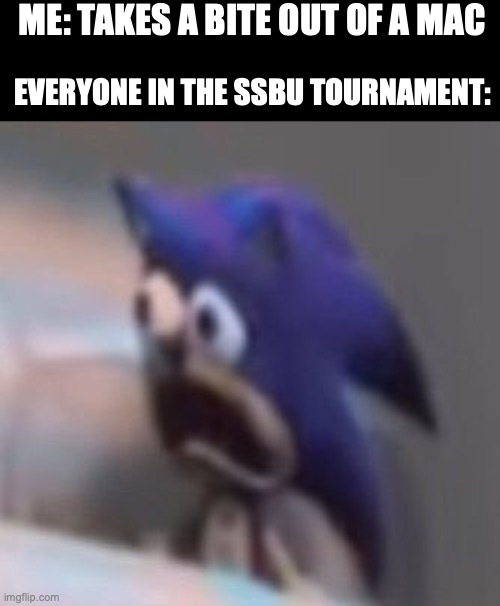 *munches boxer* | ME: TAKES A BITE OUT OF A MAC; EVERYONE IN THE SSBU TOURNAMENT: | image tagged in traumatised sonic,super smash bros,video games,memes | made w/ Imgflip meme maker