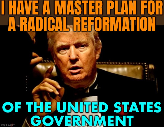 Trump’s Master Plan | I HAVE A MASTER PLAN FOR
A RADICAL REFORMATION; OF THE UNITED STATES
GOVERNMENT | image tagged in godfather trump,scumbag government,scumbag republicans,breaking news,donald trump,trump is an asshole | made w/ Imgflip meme maker